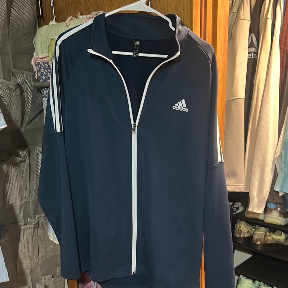 Adidas Dark Blue Zip-Up Jacket with White Stripes